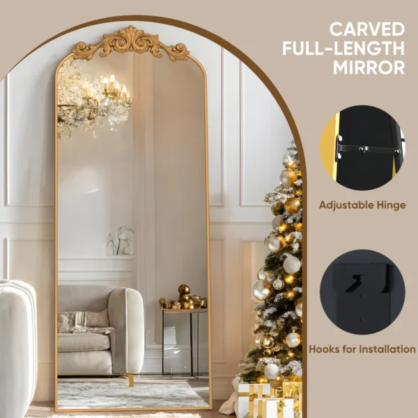 58"x18" Vintage Arched Full-Length Mirror with Carved Metal Frame, Baroque-Style Floor Mirror, Gold - Image 7