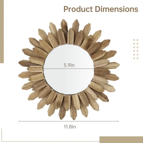 Wall Mirror, Wood Sunburst Framed Mirror, Boho Wall Decor Mirror, Rustic Wood Farmhouse Mirror, Round Boho Circle Mirror for Entryway Bedroom Living Room - Image 4