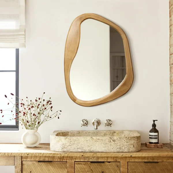 LuxenHome Natural Pine Wood Frame Irregular Oblong Wall Mirror - Image 6