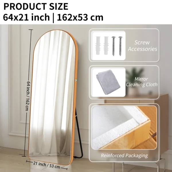 Arched Full Length Wall Mirror 64"x21" Full Body Mirror with Cleaning Cloth for Bedroom Door Decorative Makeup Aluminum Alloy Frame Floor Mirror Wall Mount Gold - Image 8