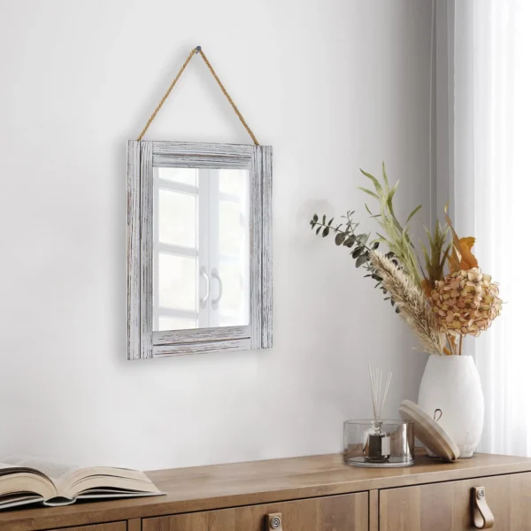 Arikago 12 x 16 in Wall Decorative Mirror, Rustic Wood Frame Rectangular Mirror with Hanging Rope for Entryway, Bedroom, Guest Bathroom, Living Room, Bedroom - Grey - Image 5