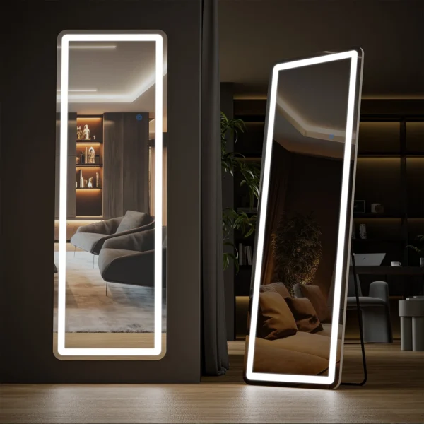 TINKLE WELL 64" x 21" LED Rectangular Full Length Standing Floor Mirror with Safe Corners for Bedroom, White - Image 6
