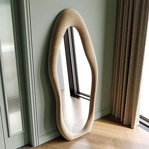 Honyee Full Length Mirror, 63" x 24" Wall Mirror, Flannel Wrapped Wooden Frame Floor Mirror, Irregular Wavy Mirror Hanging or Leaning Against Wall for Cloakroom/Bedroom/Living Room, Milk Tea