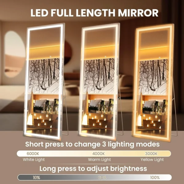 Swafrrt 57"x18" Rectangle LED Full Length Mirror, Black Frame Lighted Floor Standing Mirror with Dimmable & 3 Color Lighting for Bedroom Cloakroom - Image 6