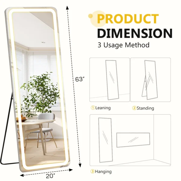 Full Length Mirror with LED Lights Rectangle 64"*21" Full Body Floor Mirror with Stand Wall Mounted - Image 6