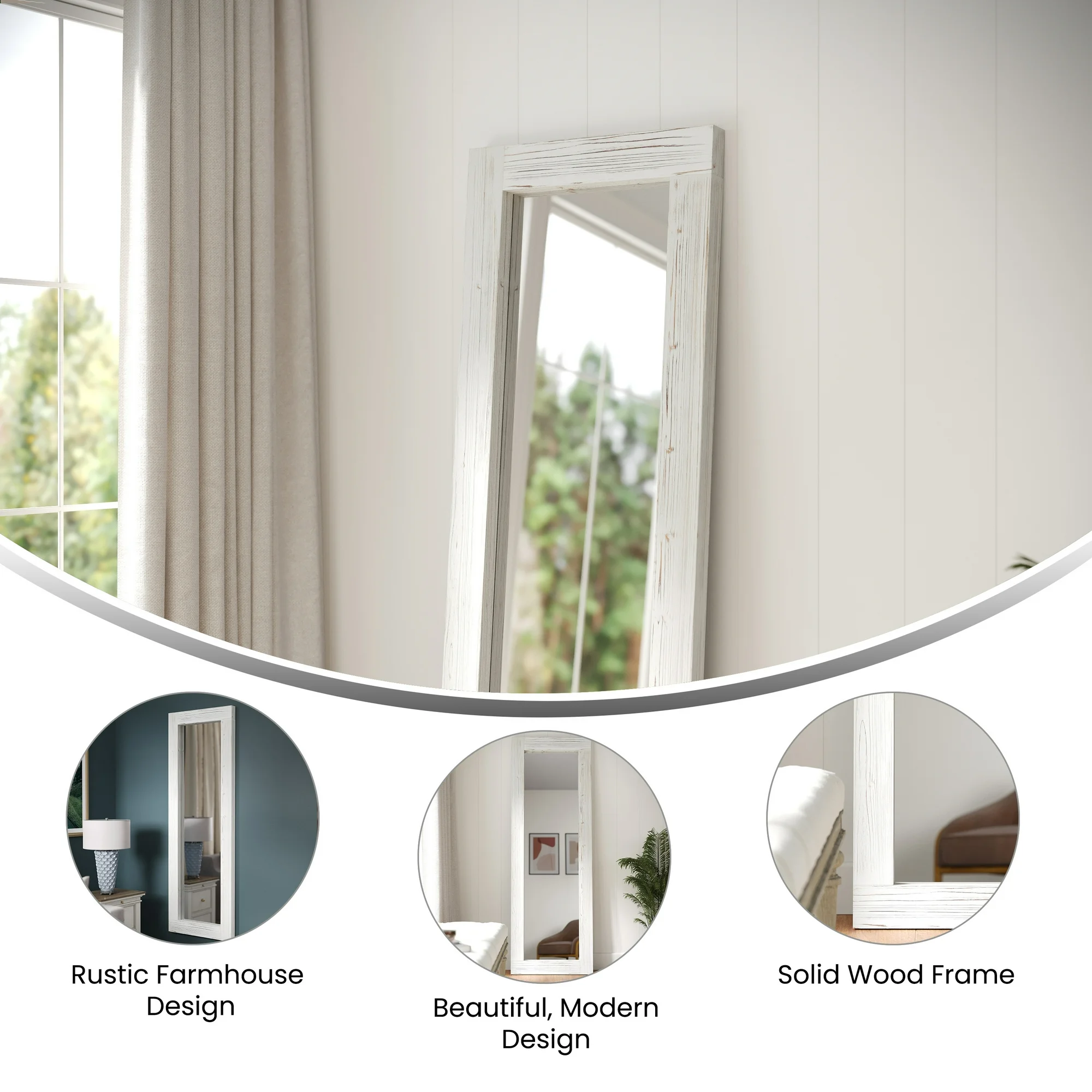 Emma + Oliver Rustic Solid Wood 22"x65" Full Length Floor Mirror, Wall Mounted or Wall Leaning, White Wash - Image 7